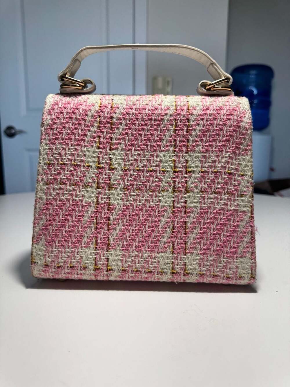 Pink and White Tweed Mini Top Handle Satchel Bag - Picture 2 of 6